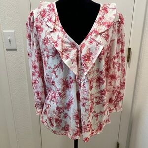Studio B by Bobeau Red Floral Ruffle V-Neck Blouse – Women’s Large